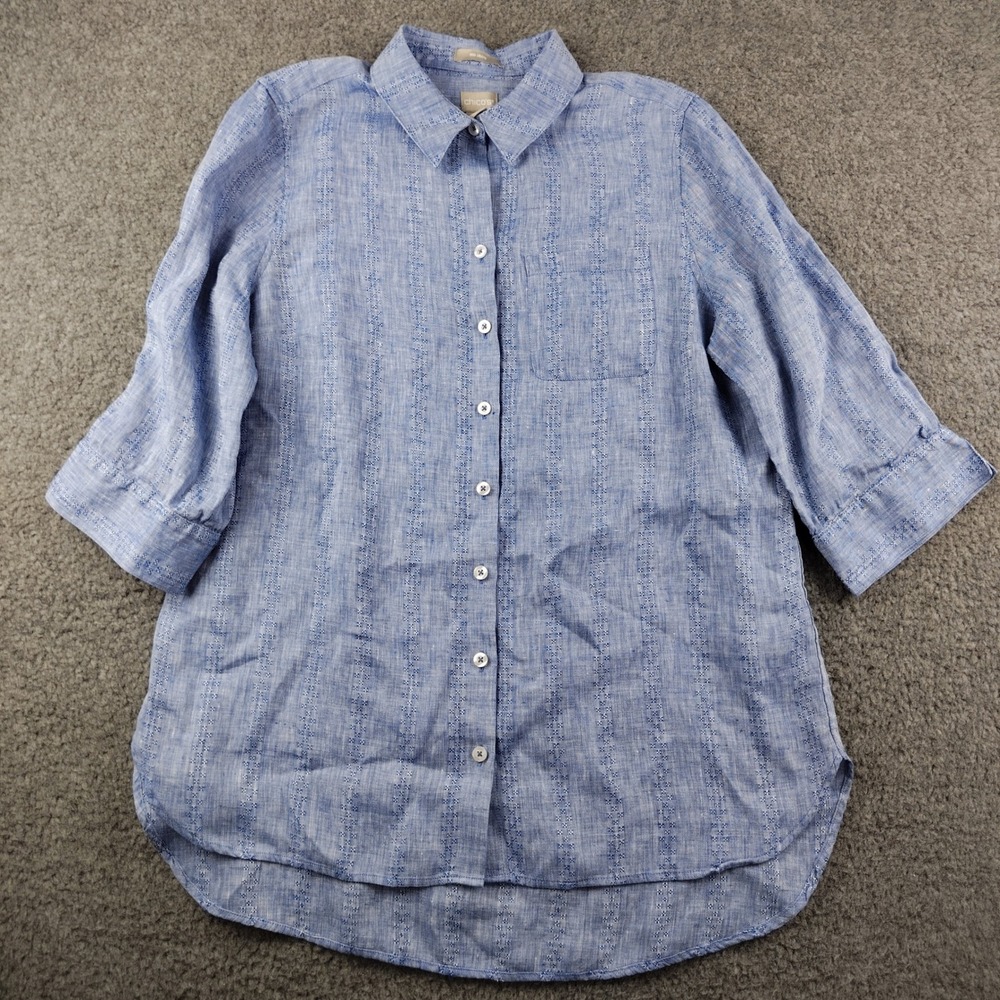 Chicos No Iron Linen Shirt Blue Embroider Stripe 3/4 Sleeve Size 8 Womens